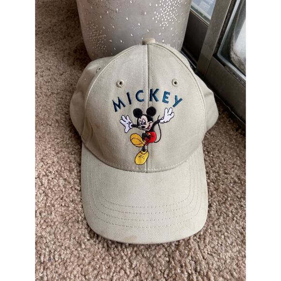 Vintage Disney Mickey Mouse Baseball Cap 100% Cotton Embroidered Khaki 80\'s